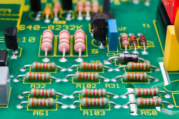 Various Electronic Components Detail Printed Circuit Board Electrotechnics Close Resistors — Stock Photo, Image