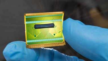 Esnek devre kartının insan parmaklarıyla yakın plan görüntüsü. LCD cihazlarında dijital veri sinyallerinin paralel iletimi için yeşil plastik esnek PCB tutan mavi eldiven verin. Teknoloji.