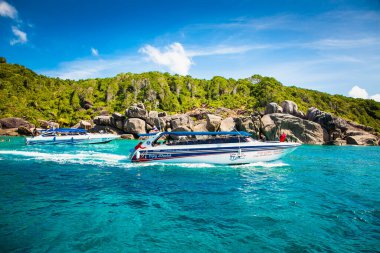 Phuket, Tayland - 25 Ocak 2016: Tayland 'da 25 Ocak 2016 tarihinde Bon Similan adasında dört motorlu sürat teknesi.