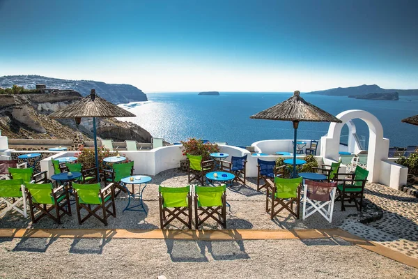 Tables Chairs Roof Panorama Romantic View Santorini Island Greece Aegean — Stock Photo, Image