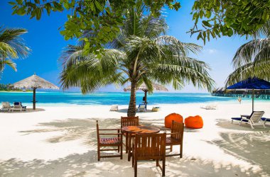 Palmiye ağaçları ve Maldivler 'de inanılmaz canlı plajları olan tropikal adada bir kafe.. 