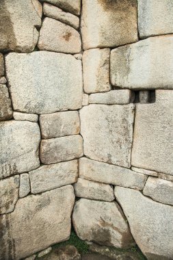 Peru 'daki Machu Picchu antik şehrindeki Inca Wall. Güney Amerika. Arkeolojik alan. 