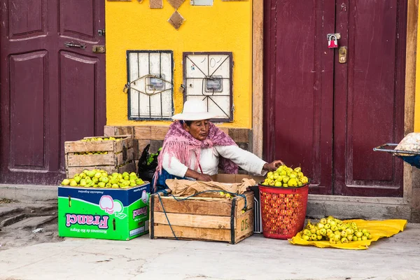 Uyuni Bolivia Dicembre 2018 Donna Boliviana Tradizionalmente Vestita Vende Frutta — Foto Stock