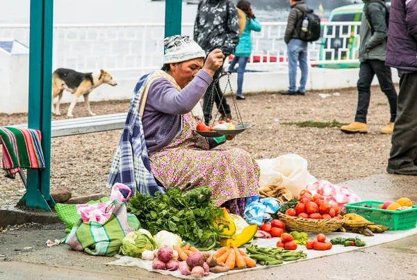 ティキナ ボリビア 2019年1月5日 伝統衣装を着た正体不明の女性がボリビアのティチカカ湖のティキナ通りで野菜を販売 — ストック写真