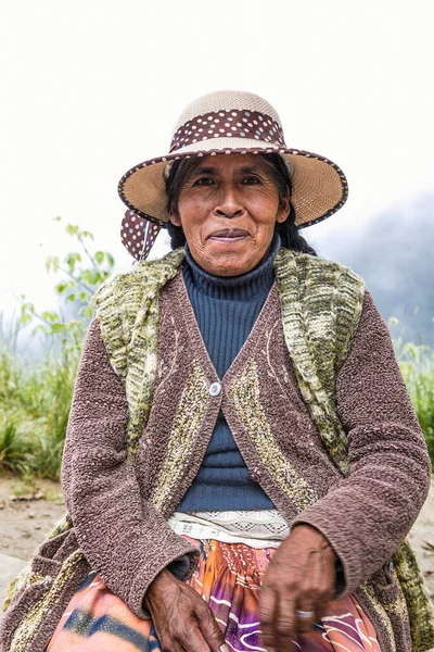 2019年1月3日 玻利维亚La Cumbre 一名头戴帽子的土著妇女在La Cumbre的肖像在玻利维亚死亡路上经过海拔4700米的地方 — 图库照片