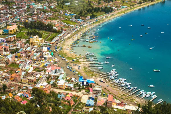 Vista Panorâmica Baía Copacabana Lago Titicaca Cume Monte Calvário 3966 — Fotografia de Stock