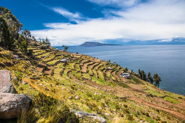 Panoramisch Uitzicht Vanaf Village Taquile Eiland Titicaca Meer Peru Zuid — Stockfoto