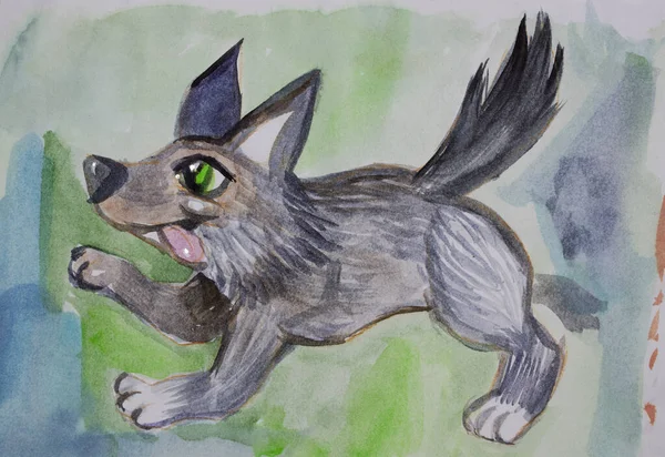 Cute Young Wolf Watercolor Cartoon Character Illustration — Stock Photo, Image