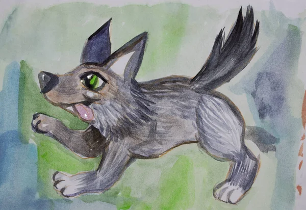 Cute young wolf watercolor cartoon character illustration