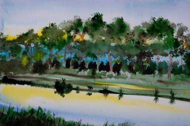 Nehir boyası çizimi boyunca ağaçlar