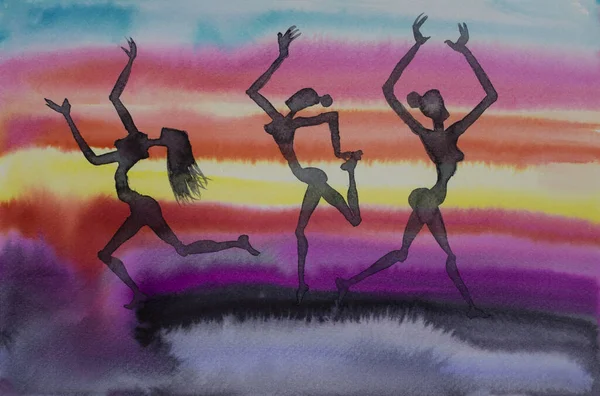 Tres Mujeres Silueta Danza Colorido Acuarela Ilustración —  Fotos de Stock
