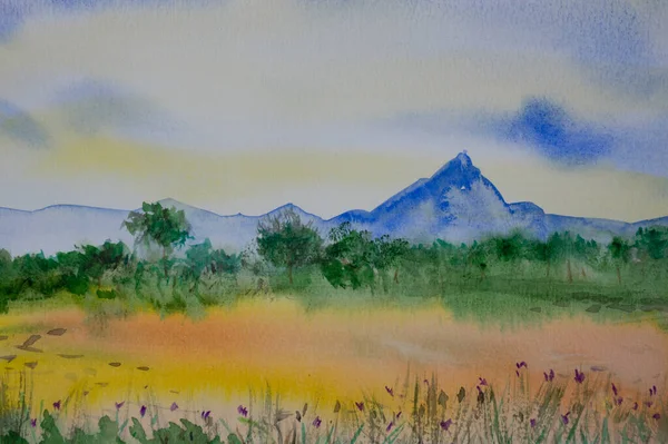 Lointain Bleu Montagne Paysage Aquarelle Illustration — Photo