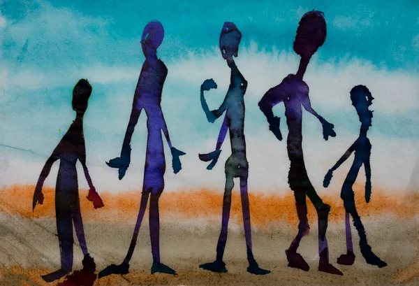 Grupp Människor Siluett Färgglada Akvarell Illustration — Stockfoto