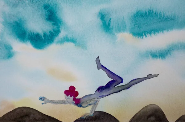 Kvinnlig Akrobat Figur Balansering Koncept Akvarell Illustration — Stockfoto
