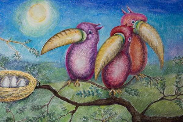 Group Tropical Birds Family Concept Pastel Illustration — Stock Photo, Image