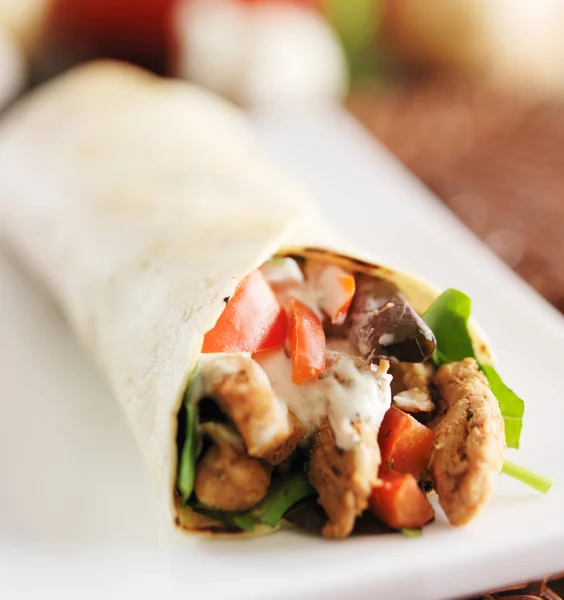 Chicken wrap in tortilla with sauce — Stock Photo, Image