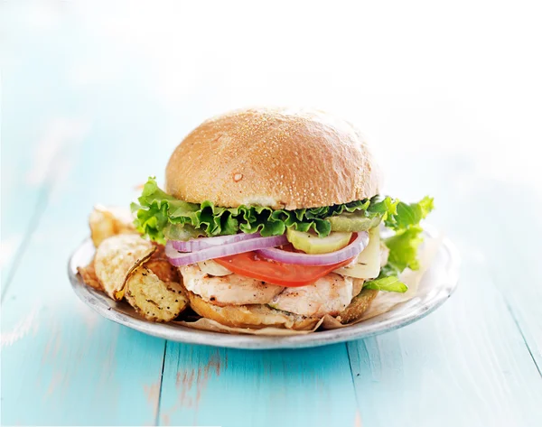 Gegrilde kip sandwich met chips — Stockfoto