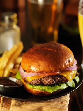 çizburger ve patates kızartması plaka üzerinde