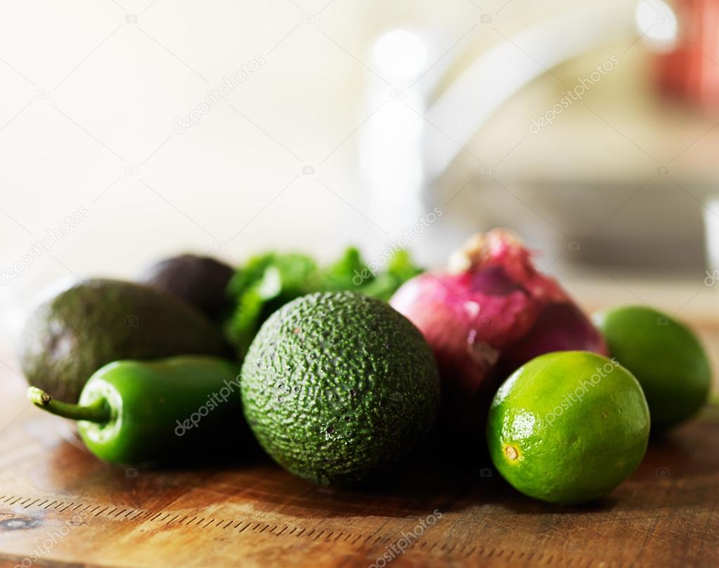 ingredients to make guacamole in kitchen