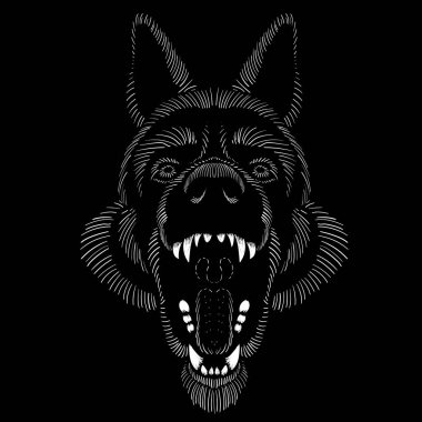 Dövme ya da tişört tasarımı için kızgın köpek logosu. Siyah arkaplanda şirin yazdırma tarzı köpek.