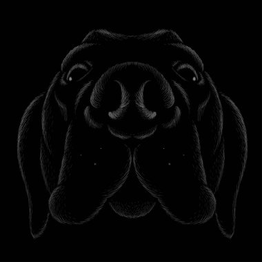 Dövme ya da tişört tasarımı için köpek logosu. Siyah arka planda şirin bir köpek stili. Bu el çizimini siyah kumaş ya da tuval üzerinde yapmak iyi olurdu.