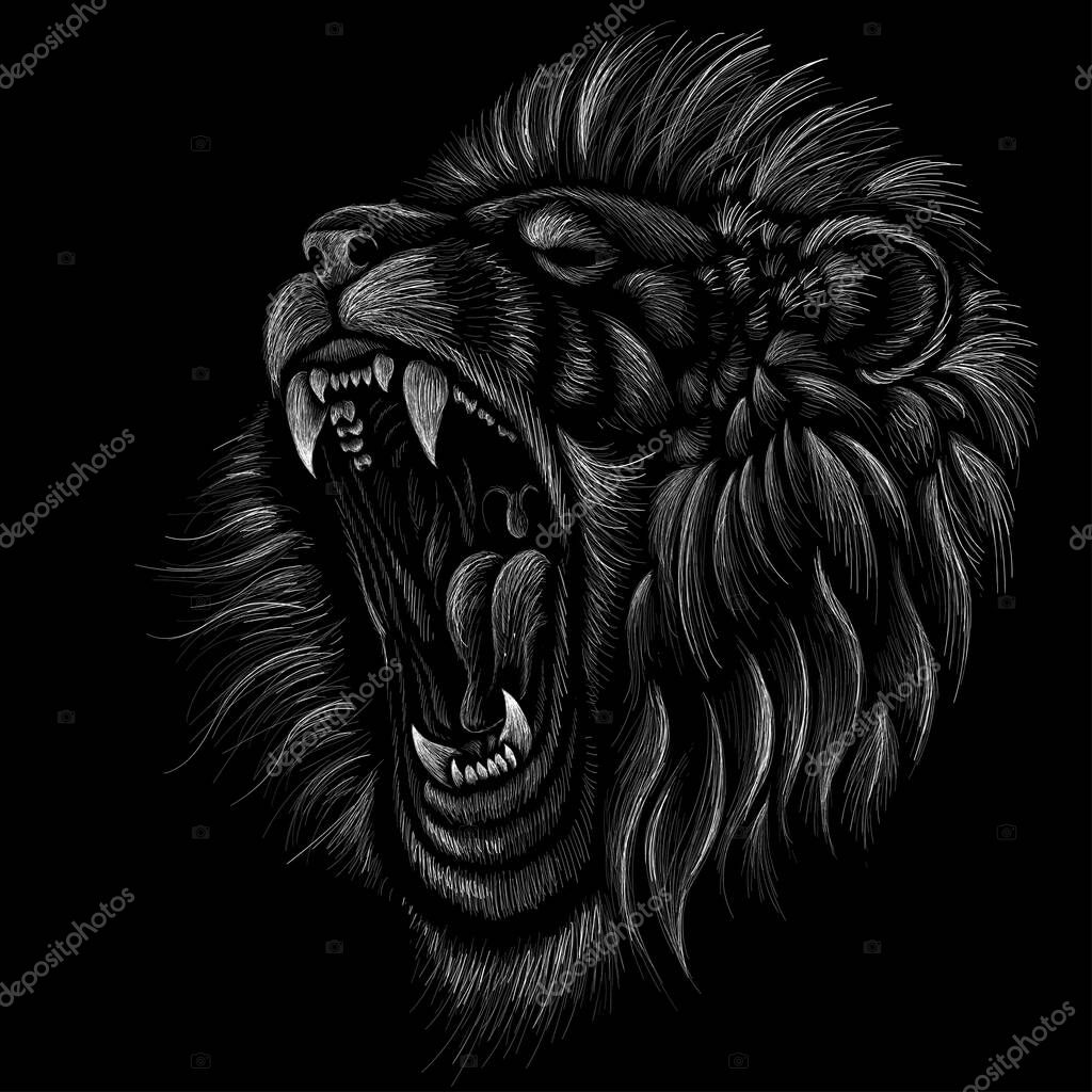 The Vector logo lion for tattoo or T-shirt print design or outwear.  Hunting style lion background. This hand drawing would be nice to make on the black fabric or canvas