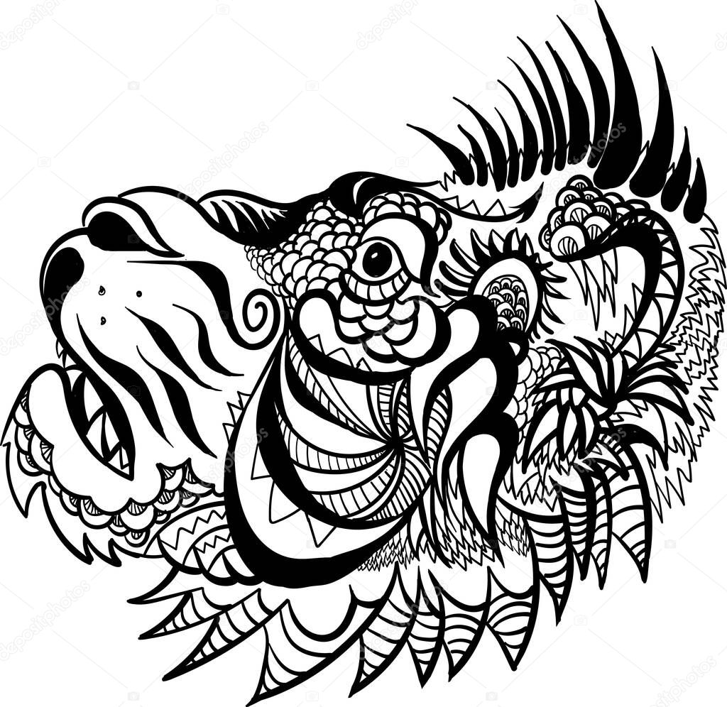 The Vector logo lion for tattoo or T-shirt print design or outwear.  Hunting style lion background. This hand drawing would be nice to make on the fabric or canvas
