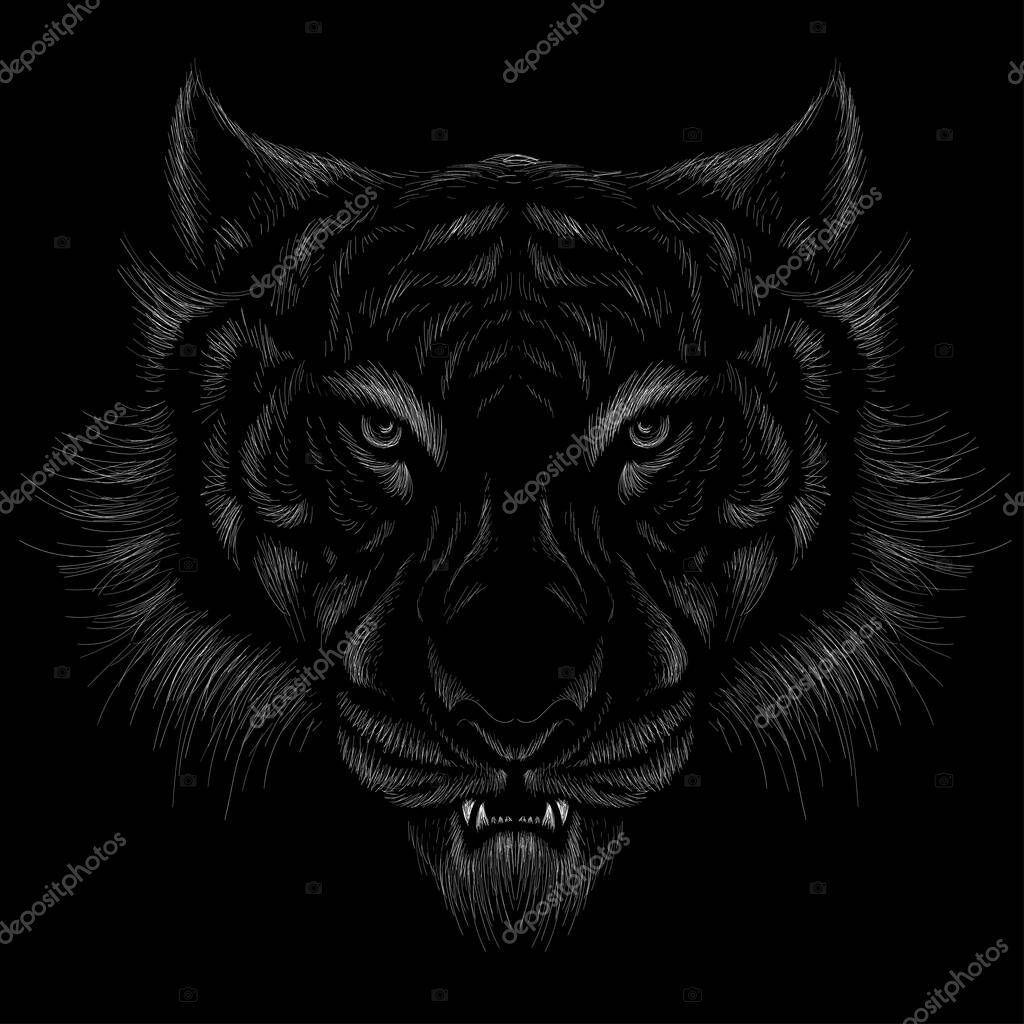 The Vector logo tiger for tattoo or T-shirt design or outwear.  Hunting style big cat print on black background. This hand drawing is for black fabric or canvas