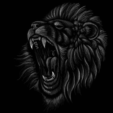 Dövme ya da tişört izi tasarımı için Vektör logosu aslanı. Avlanma tarzı aslan geçmişi. Bu el çizimini siyah kumaş ya da tuval üzerinde yapmak iyi olurdu..