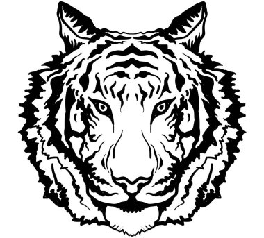 Dövme ya da tişört tasarımı için Vektör logosu kaplanı. Siyah arka planda avlanma tarzı büyük kedi izi. Bu el çizimi siyah kumaş ya da tuval için..