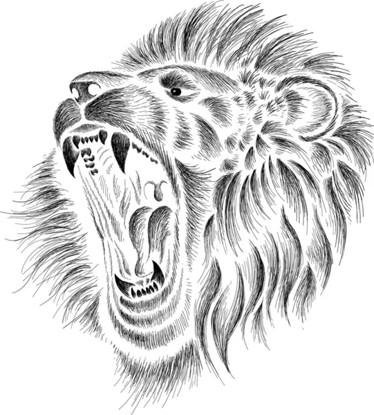 タトゥーやTシャツのプリントデザインや外観のためのベクトルロゴライオン 狩猟スタイルライオンの背景 — ストックベクタ