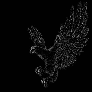 Dövme ya da tişört tasarımı için Vektör logosu. Avlanma tarzı kuzgun arka planı. Bu el çizimi siyah kumaş ya da tuval için.