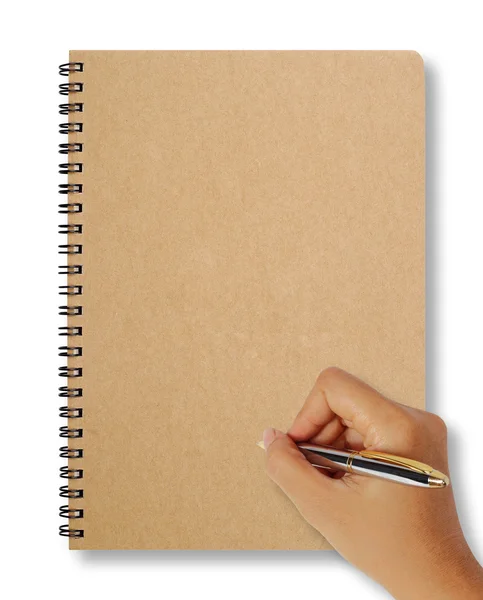 Mão segurando caneta e escrevendo notebook em branco para texto — Fotografia de Stock