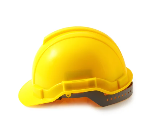 Helm pengaman kuning pada jalur pemotongan putih, topi keras terisolasi . — Stok Foto