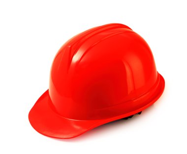 Beyaz, sabit hat izole kırpma yolu üzerinde kırmızı kask.