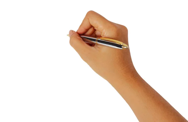 Vrouwen hand schrijven met metalen pen geïsoleerd op wit knippen Stockfoto