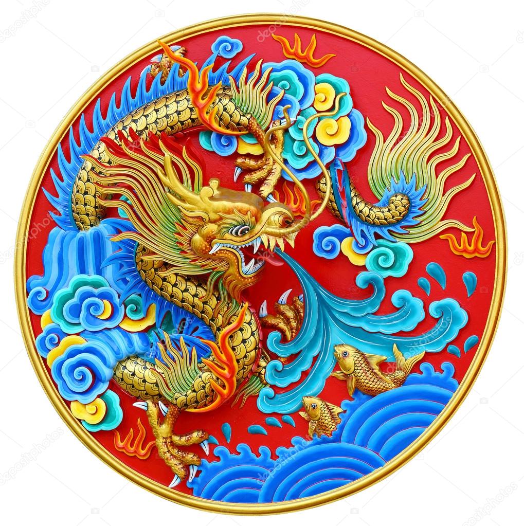 Chinese dragon statue on white clipping path.