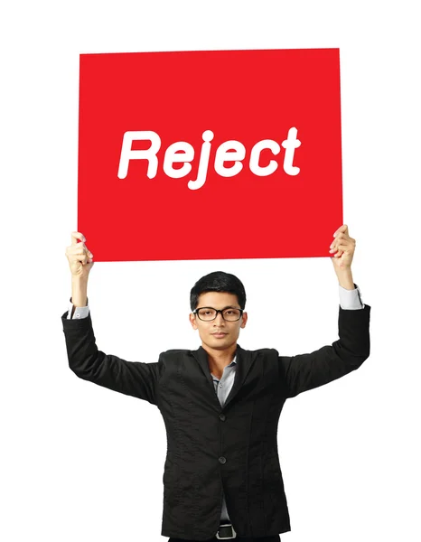 Asie podnikatel Ukázat formulace odmítnout na červené papírové desky — Stock fotografie