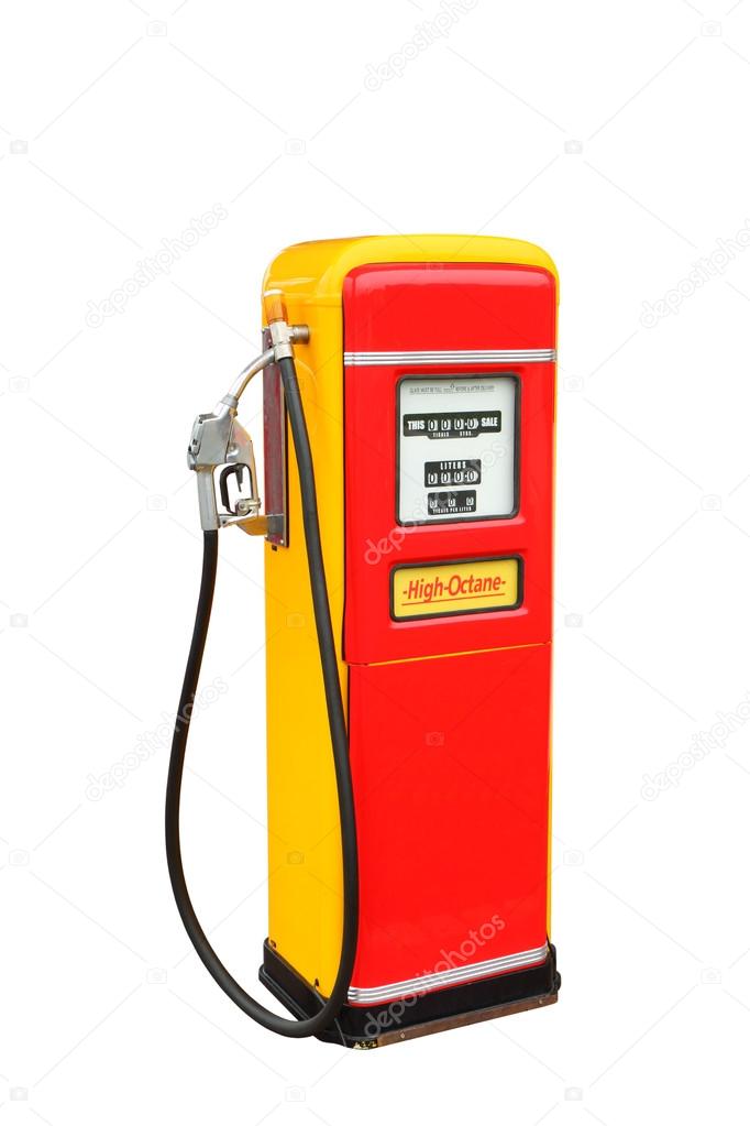 Red and yellow vintage gasoline fuel pump with clipping path