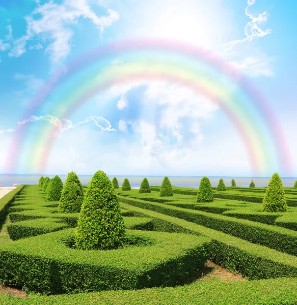 Sendero natural a través del jardín con arco iris y cielo azul . — Foto de Stock