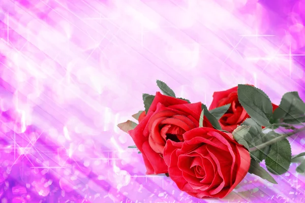 Ramo de rosas rojas con bokeh violeta y espacio libre para vale de texto — Foto de Stock