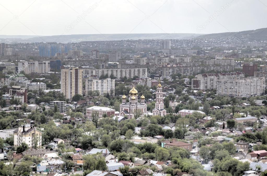 View from Sokolova of the mountain on the city and the Temple of the Cover of the Mother of God. Saratov, Russia