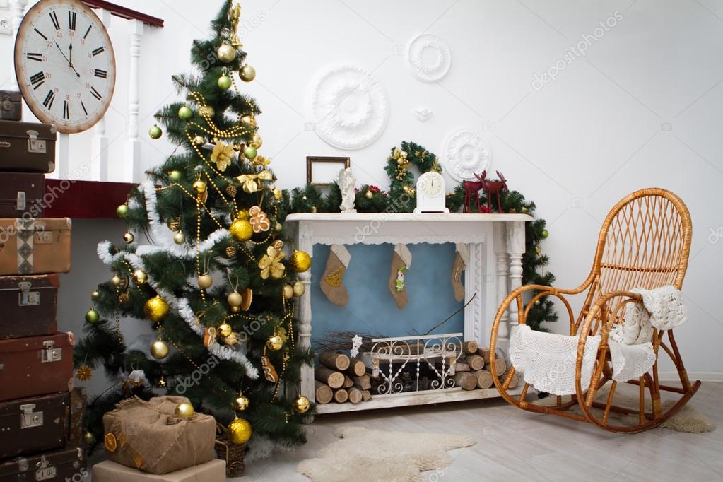 Interior with Christmas decorations. Living room