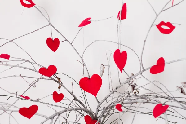 Corazones rojos colgando de una rama de árbol. Día de San Valentín — Foto de Stock