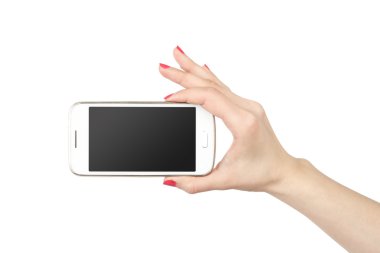El kız telefon. Beyaz arka plan üzerinde izole beyaz perde smartphone.