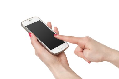 El kız telefon. Beyaz arka plan üzerinde izole beyaz perde smartphone.