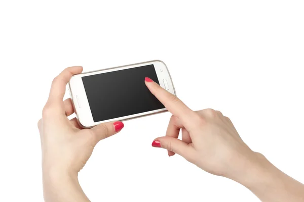 Woman showing white smartphone in hand. Isolated background. Phone with pure black gradient screen. — Stock Photo, Image