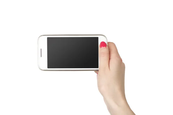 Phone in hand girl. White screen smartphone isolated on white background. — Stock Photo, Image