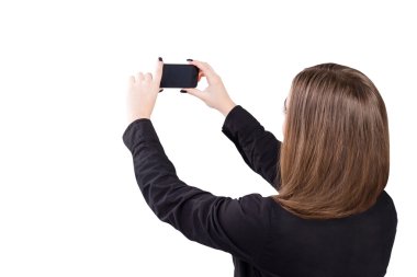 Cep telefonu elinde olan kız. İş tarzı iş kadın Tema.