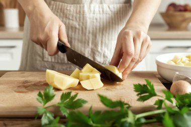 Woman in the kitchen preparing homemade food, female hands working with fresh vegetables
